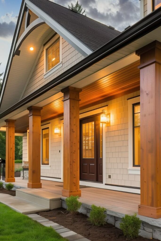 Exterior of modern farmhouse with wood columns